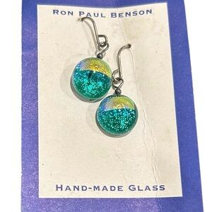 Ron Paul Benson Green and Yellow Hand-Made Glass Earrings